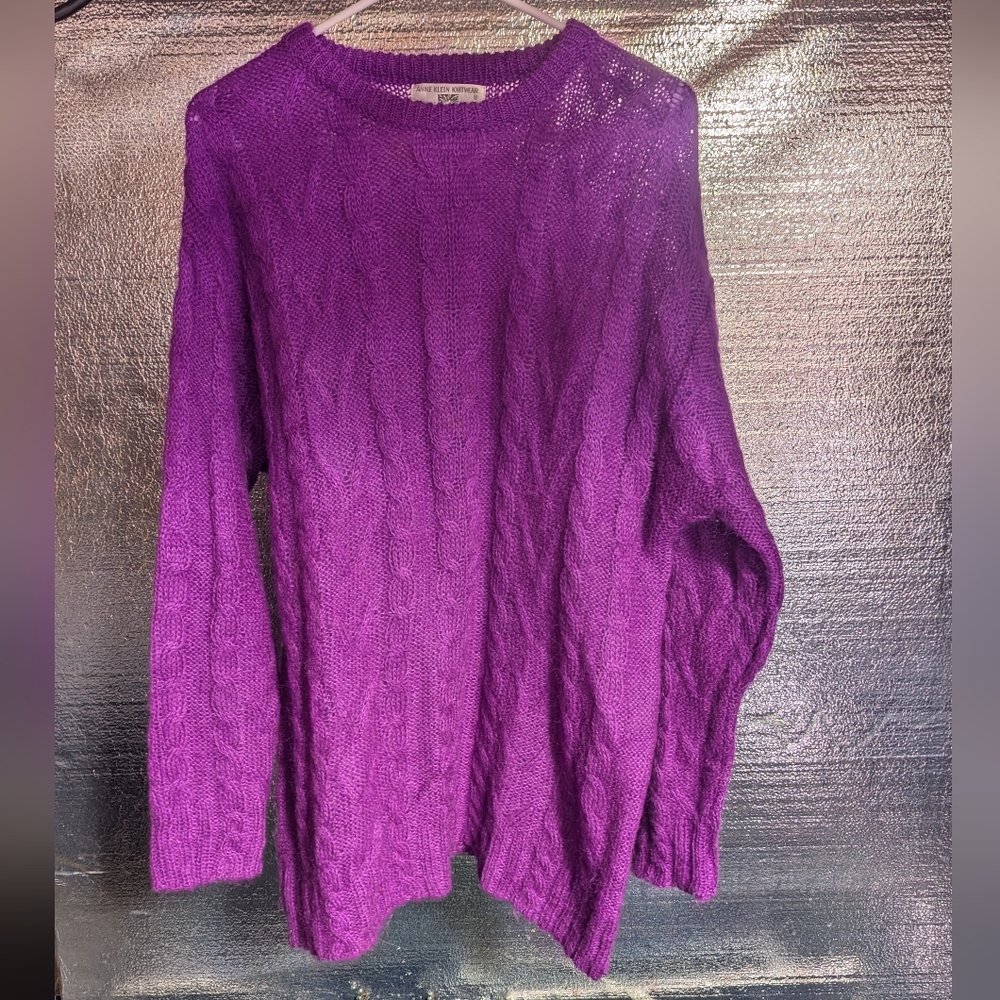 Anne Klein Purple Cable-Knit Scoop Neck Sweater
